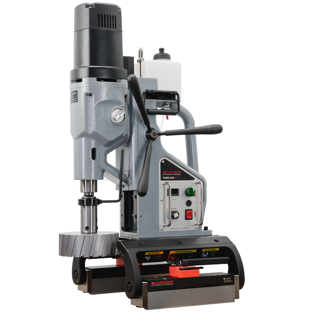 Euroboor TUBE.200S/T Magnetic Drilling Machine mounted on pipe with heavy-duty pipe clamping base and annular cutter