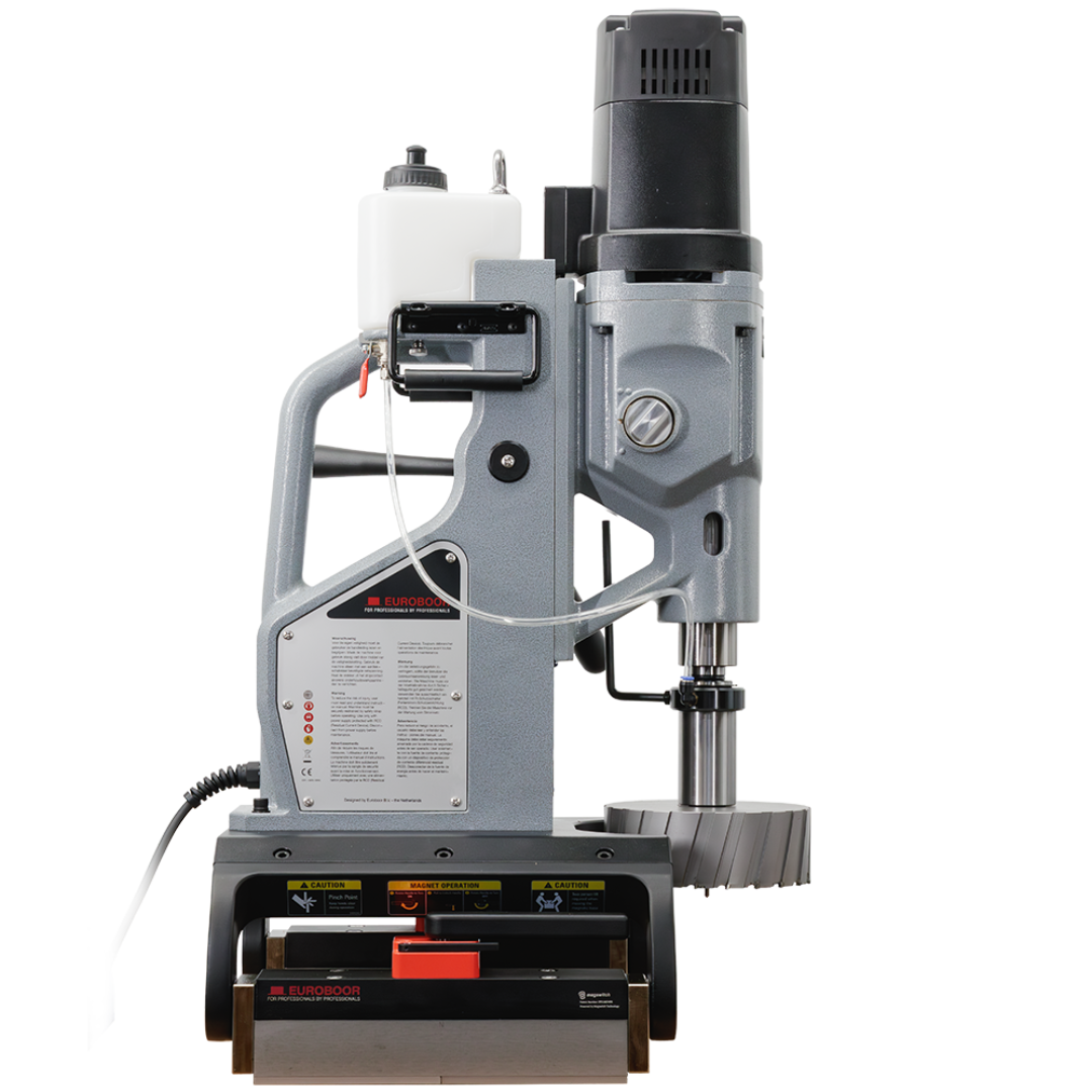 Euroboor TUBE.200S/T Magnetic Drilling Machine rear angle view displaying control panel, magnetic pipe base, and feed handles