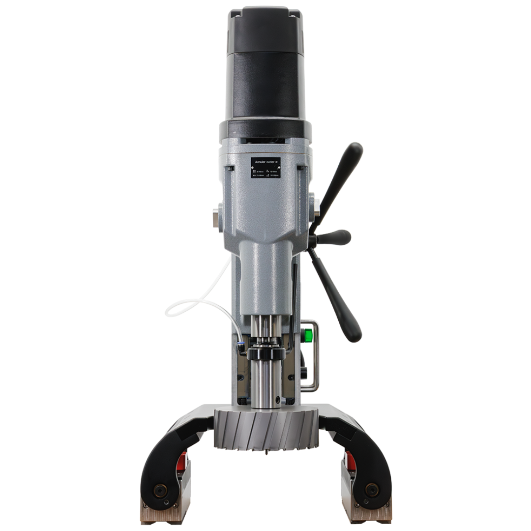 Euroboor TUBE.200S/T Magnetic Drilling Machine vertical profile mounted on pipe highlighting drilling spindle and cutter assembly