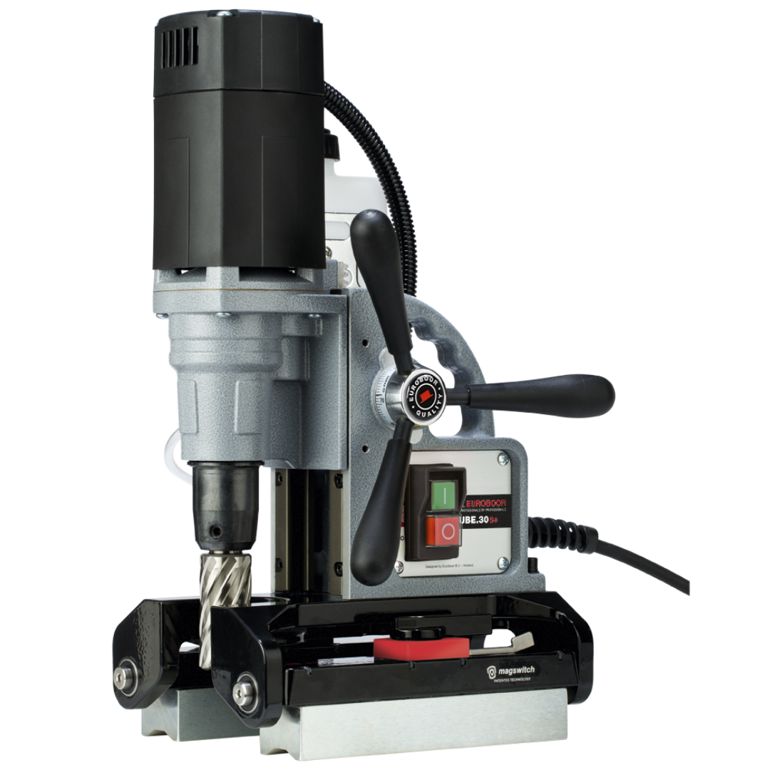 Euroboor TUBE.30S+ Magnetic Drilling Machine compact magnetic drill designed for pipe and curved surface drilling with adjustable clamping system and integrated control panel.