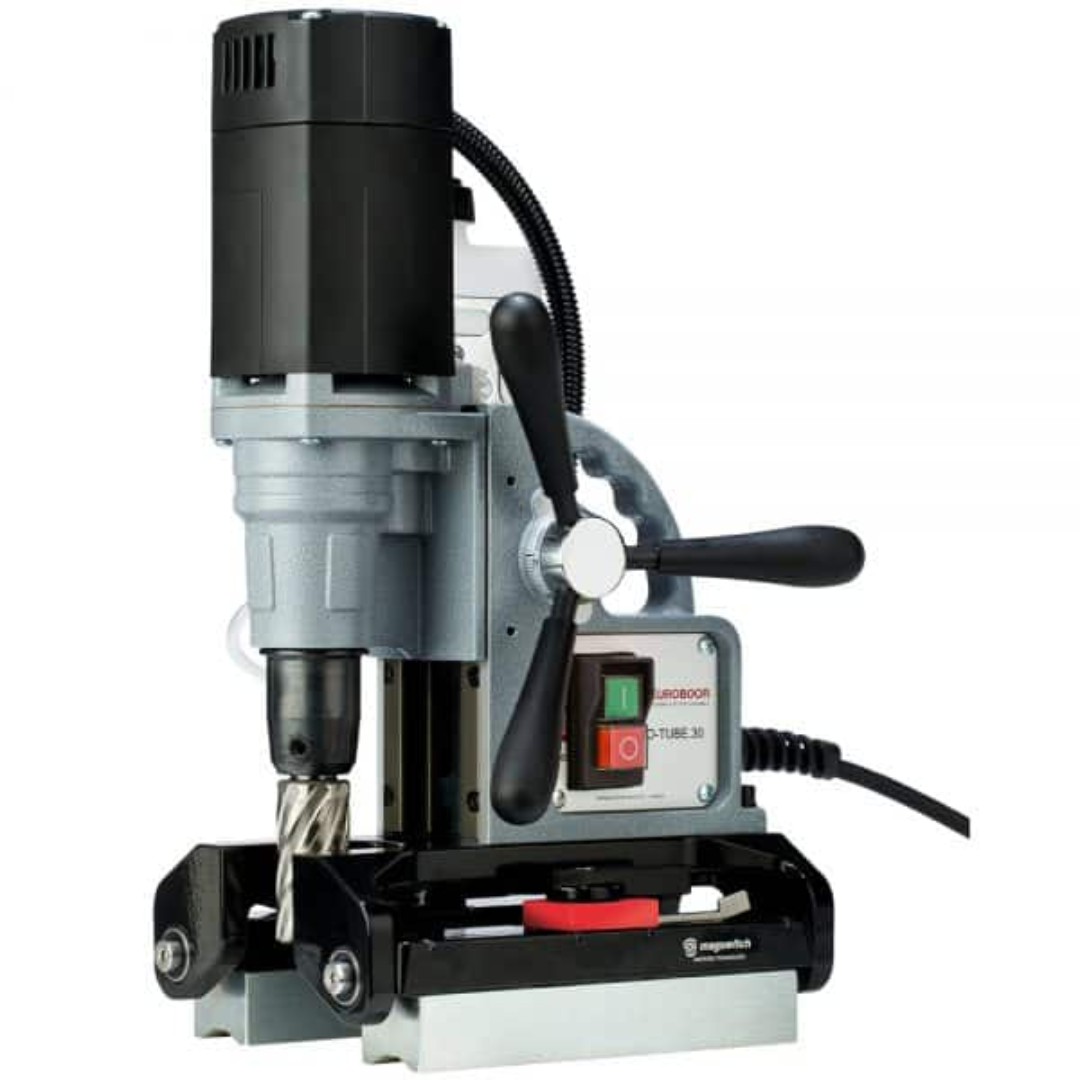 Euroboor TUBE.30S+ Magnetic Drilling Machine side view showing powerful motor, feed handles, and specialized magnetic base for secure tube and pipe applications.