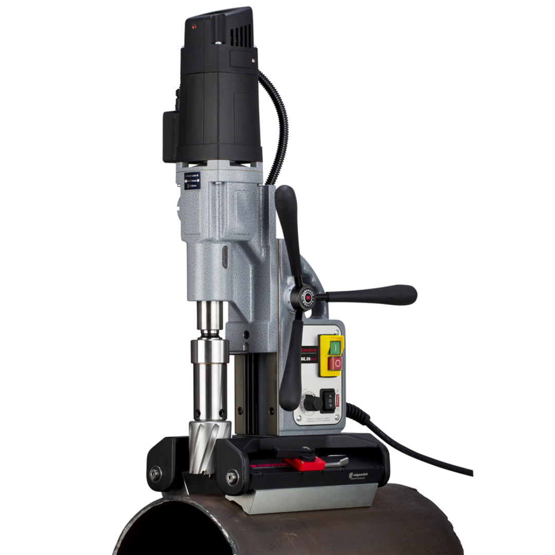 Euroboor TUBE.55S+/T Magnetic Drilling Machine side profile showing feed handles, drilling spindle, and adjustable clamping system for secure positioning on round pipe surfaces