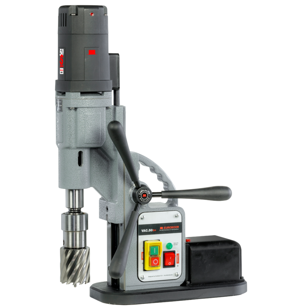 Euroboor VAC.50S+/IC Vacuum Drilling Machine angled side profile displaying motor housing, feed handle system, and vacuum base designed for secure drilling on stainless steel and aluminum