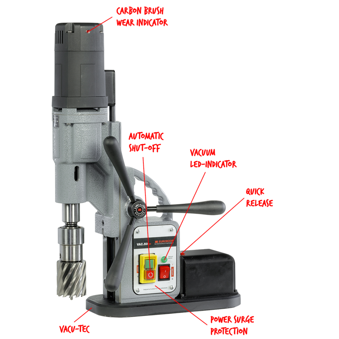 Euroboor VAC.50S+/IC Vacuum Drilling Machine detailed machine overview highlighting the vacuum base system, control panel, and integrated safety features for stable drilling