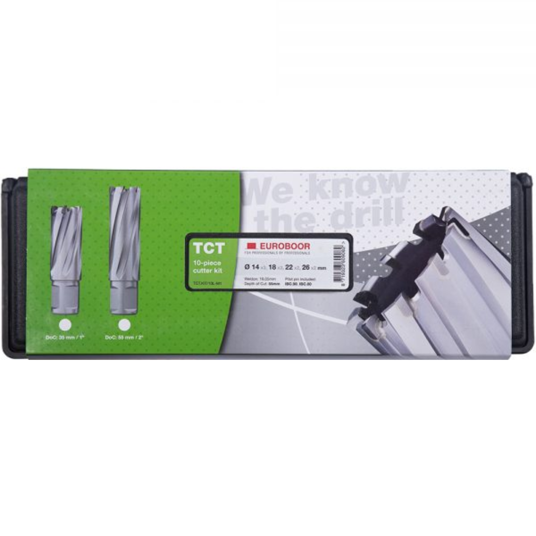 Euroboor tungsten carbide tipped annular cutter from the TCT.KIT/10L-I1 cutter kit designed for high-performance metal drilling