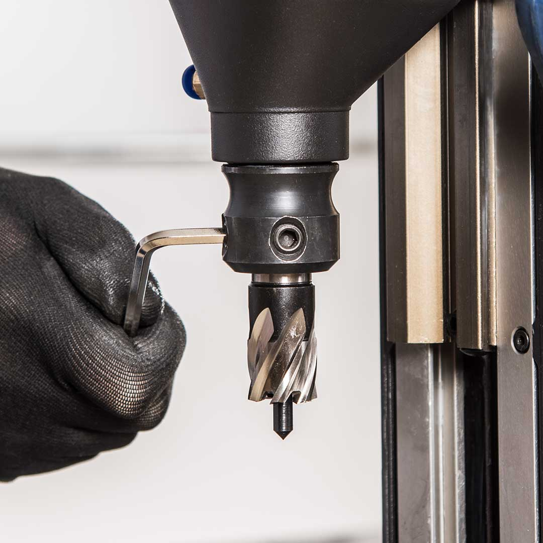 Evolution Power Tools 1-1/8 in. Magnetic Drill With Carry Case S28MAG close-up of the drill chuck and spindle assembly illustrating quick accessory installation and precision drilling capability.