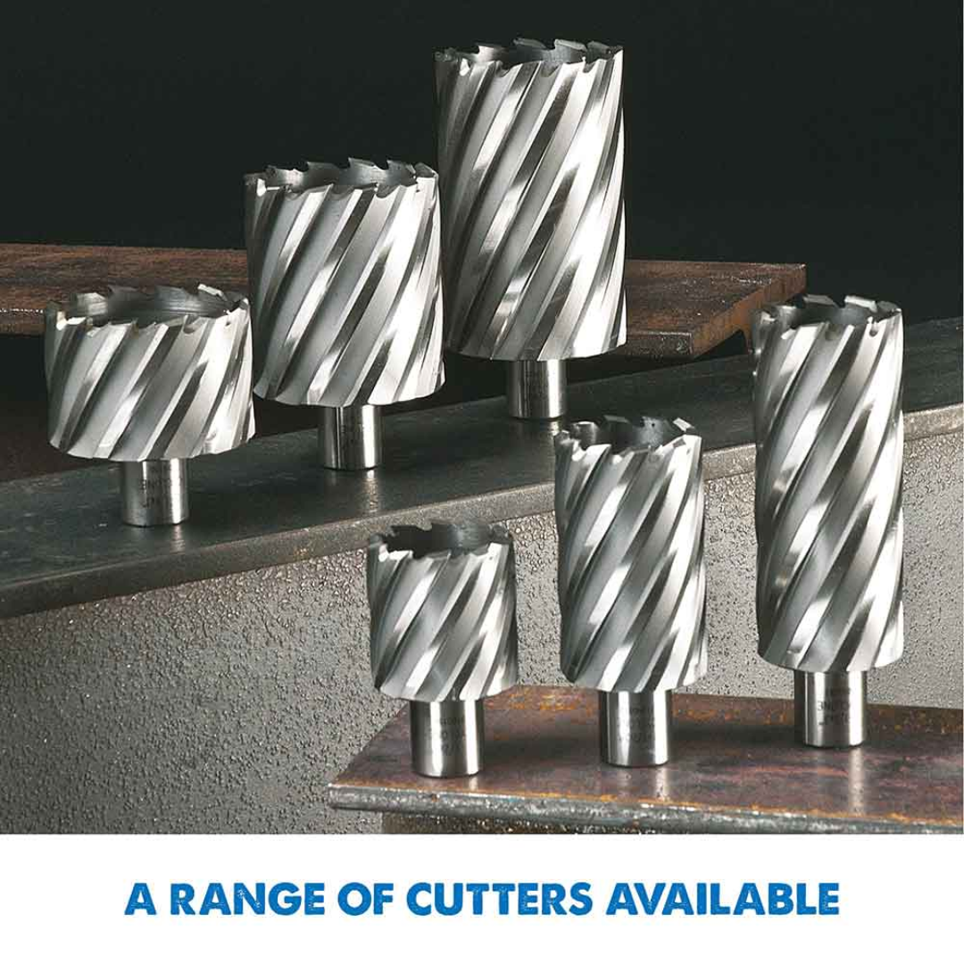 Evolution Power Tools 1-1/8 in. Magnetic Drill With Carry Case S28MAG shown with compatible Evolution annular cutters available in multiple diameters for fast, accurate metal drilling.