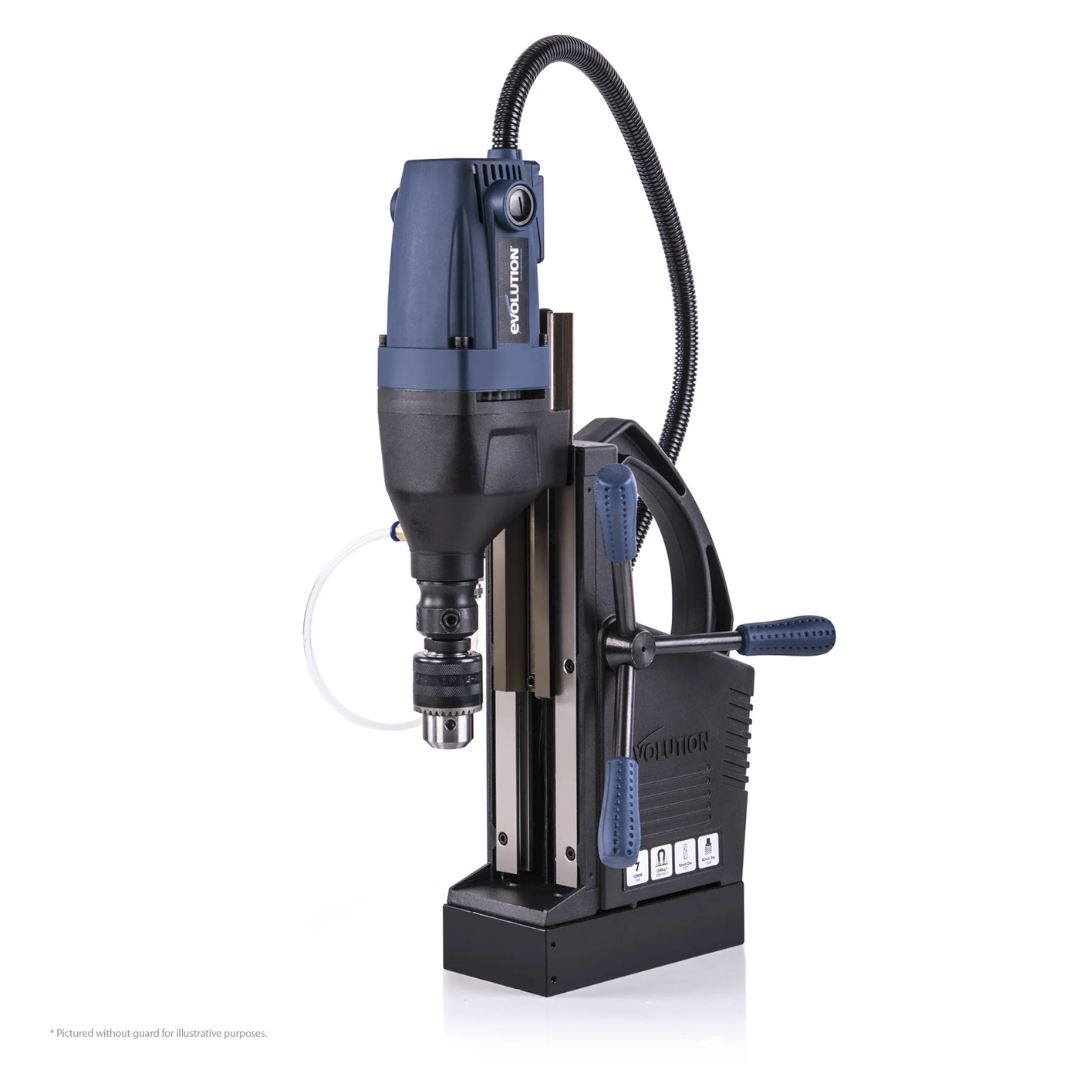 Evolution Power Tools 1-1/8 in. Magnetic Drill With Carry Case S28MAG side profile highlighting the compact industrial design, magnetic base, feed handles, coolant system, and ergonomic controls.