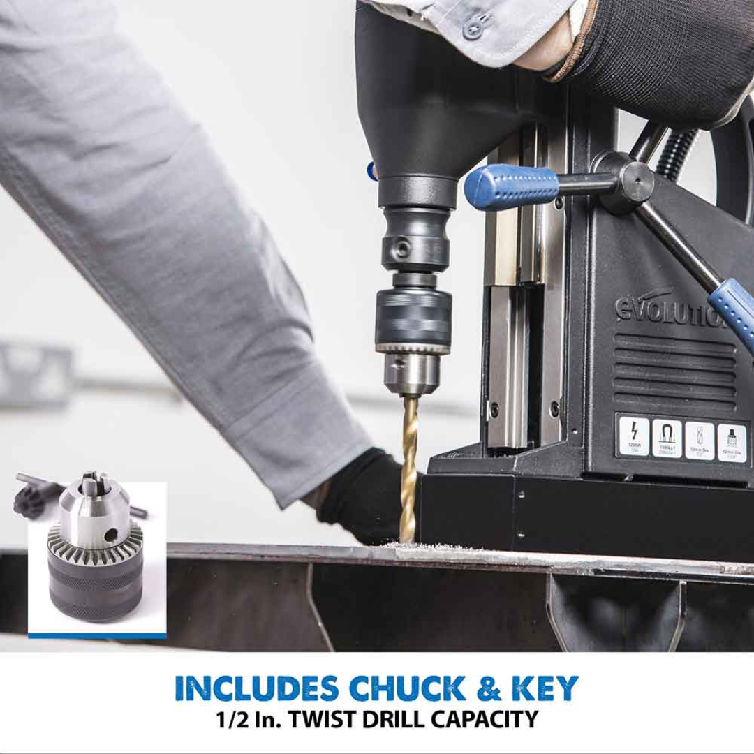Evolution Power Tools 1-1/8 in. Magnetic Drill With Carry Case S28MAG supplied with a drill chuck and key, expanding the machine's versatility for twist drilling applications.