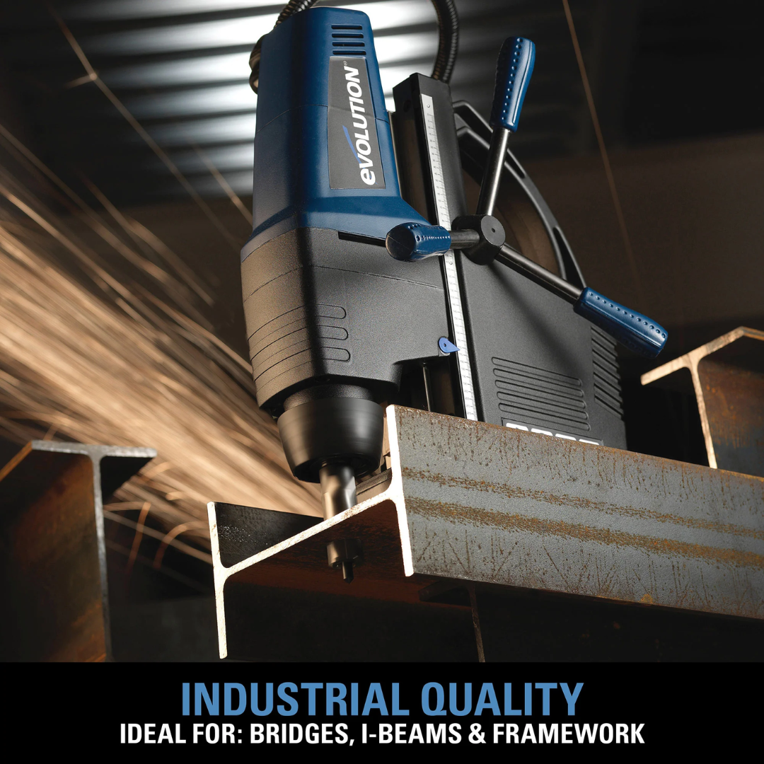 Evolution Power Tools 1-5/8 in. Magnetic Drill With Carry Case EVOMAG42 cutting structural steel with a magnetic drill, producing clean holes for construction, fabrication, and manufacturing projects.