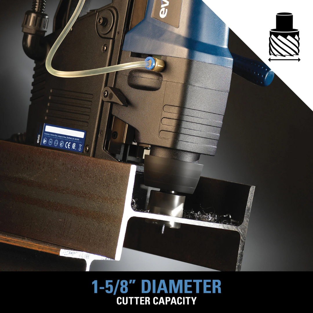 Evolution Power Tools 1-5/8 in. Magnetic Drill With Carry Case EVOMAG42 feature graphic illustrating the maximum 1-5/8 inch annular cutter drilling capacity for heavy-duty steel applications.
