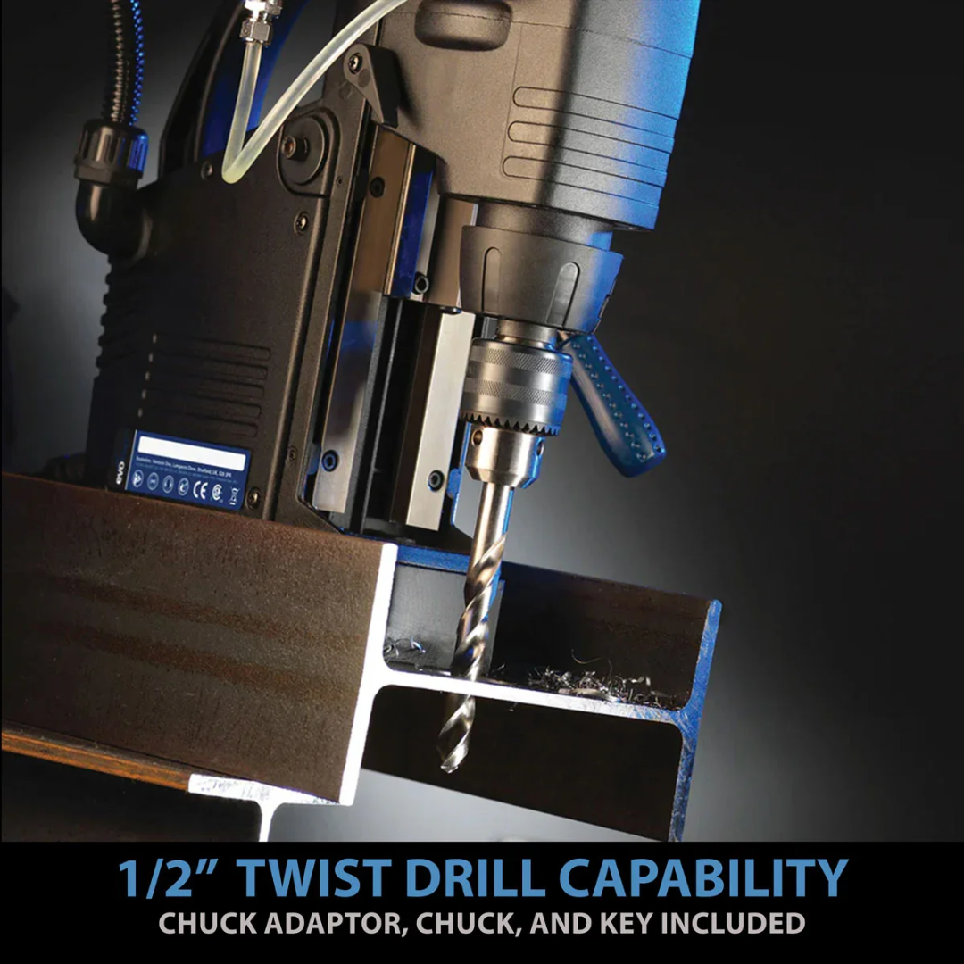 Evolution Power Tools 1-5/8 in. Magnetic Drill With Carry Case EVOMAG42 highlighting the 1/2-inch twist drill capacity using the included drill chuck for versatile drilling applications.