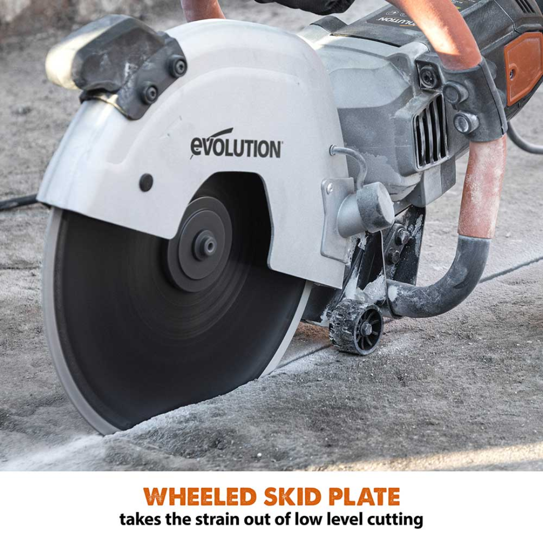 Evolution Power Tools 12 in. Electric Concrete Saw R300DCT equipped with a reinforced wheeled skid plate for improved stability and accurate straight-line cutting.