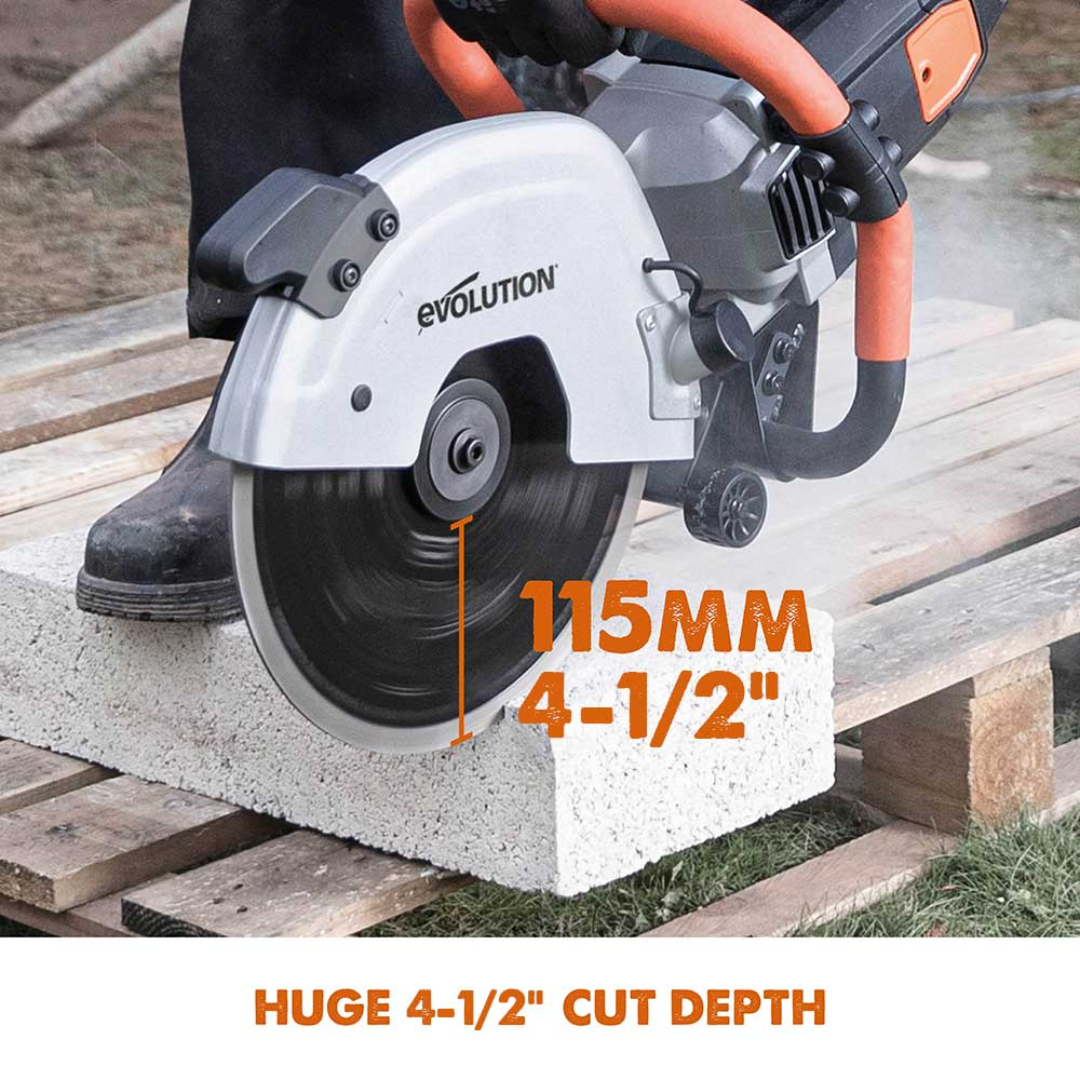 Evolution Power Tools 12 in. Electric Concrete Saw R300DCT featuring a 4-1/2 inch maximum cutting depth for deep concrete, masonry, and stone cutting applications.