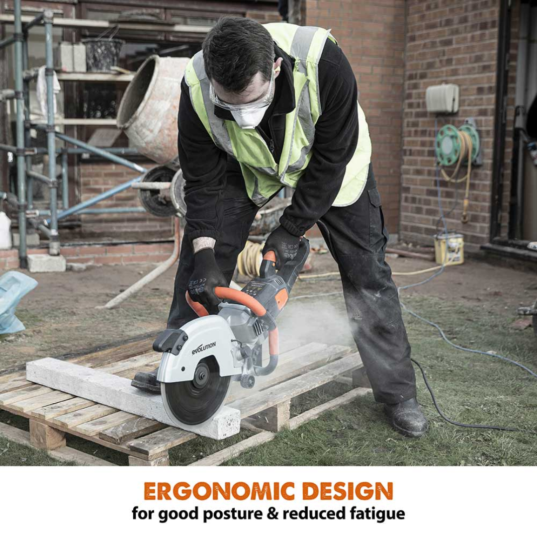 Evolution Power Tools 12 in. Electric Concrete Saw R300DCT featuring an ergonomic handle and trigger for comfortable horizontal and vertical concrete cutting.