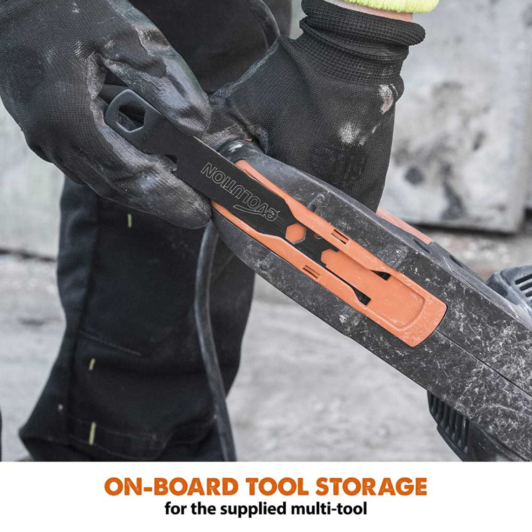 Evolution Power Tools 12 in. Electric Concrete Saw R300DCT highlighting convenient onboard tool storage for quick machine adjustments and blade maintenance.