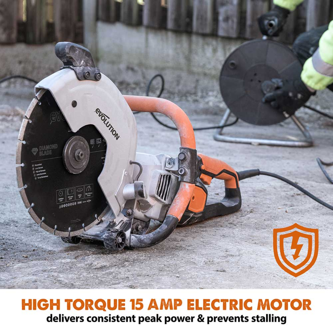Evolution Power Tools 12 in. Electric Concrete Saw R300DCT powered by a high-torque 15 Amp electric motor for demanding professional cutting tasks.
