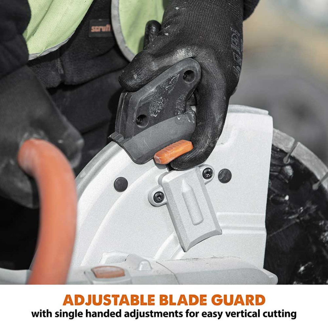 Evolution Power Tools 12 in. Electric Concrete Saw R300DCT showcasing the adjustable blade guard for increased cutting versatility and improved operator safety.
