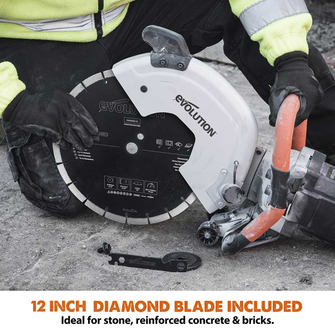 Evolution Power Tools 12 in. Electric Concrete Saw R300DCT supplied with a premium 12-inch diamond blade for fast, clean, and efficient concrete cutting performance.