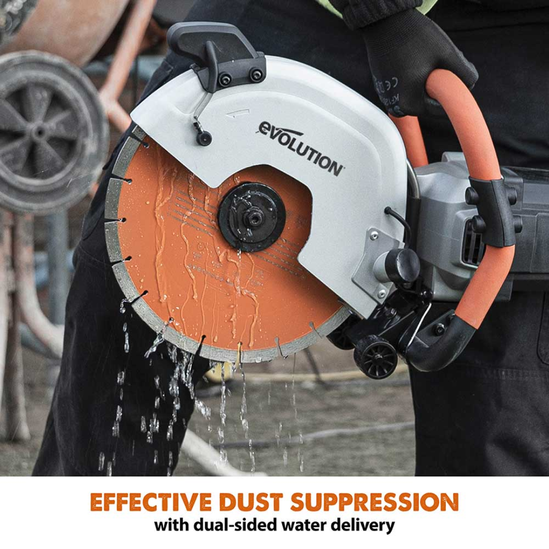 Evolution Power Tools 12 in. Electric Concrete Water Fed Dust Suppression R12DCT delivering efficient, high-performance concrete cutting with its premium diamond blade and powerful electric motor.