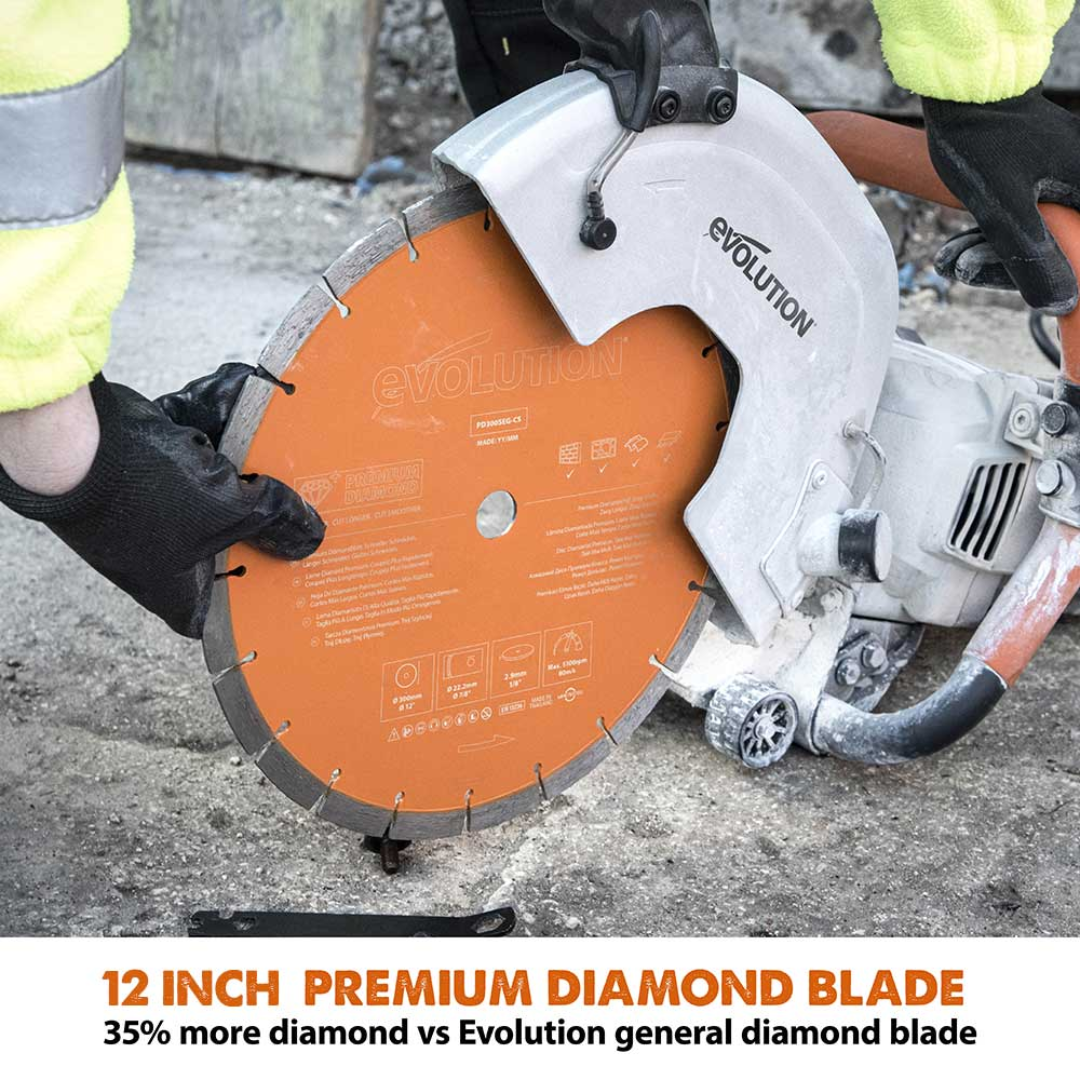 Evolution Power Tools 12 in. Electric Concrete Water Fed Dust Suppression R12DCT equipped with a premium 12-inch diamond blade for fast, clean, and efficient cutting performance.