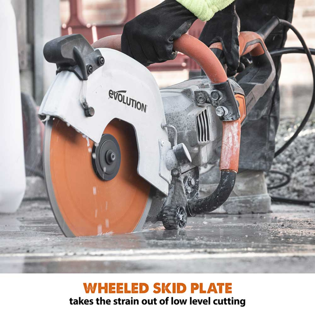 Evolution Power Tools 12 in. Electric Concrete Water Fed Dust Suppression R12DCT featuring a reinforced wheel side plate for improved stability and accurate straight-line cutting.
