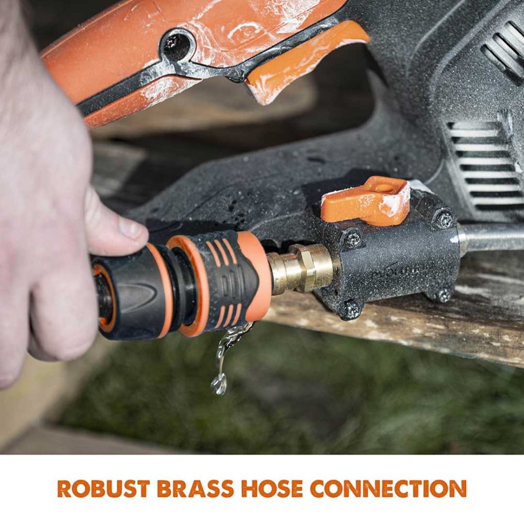Evolution Power Tools 12 in. Electric Concrete Water Fed Dust Suppression R12DCT featuring a robust brass water hose connection for reliable water-fed dust suppression during concrete cutting.