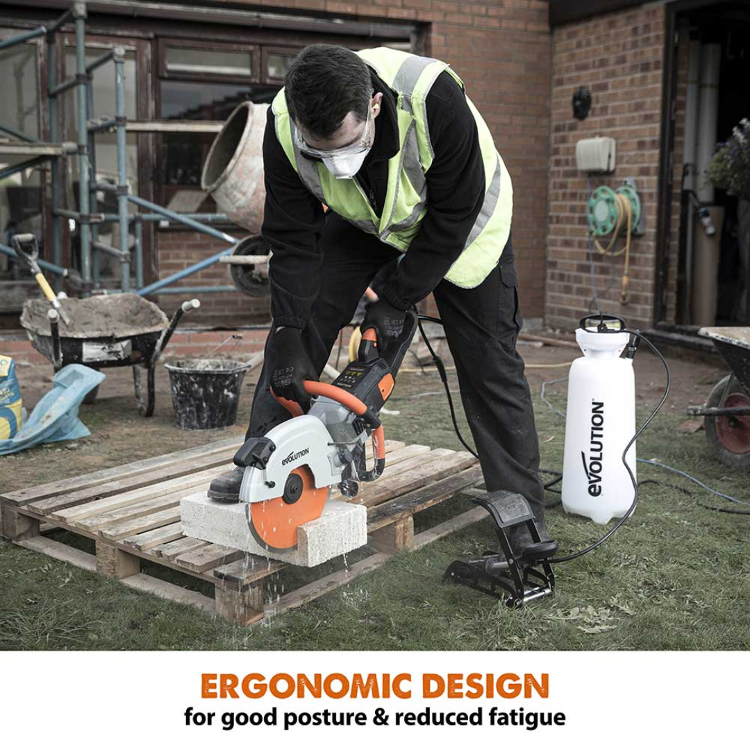 Evolution Power Tools 12 in. Electric Concrete Water Fed Dust Suppression R12DCT featuring an ergonomic design that provides greater control and comfortable handling while cutting concrete and masonry.