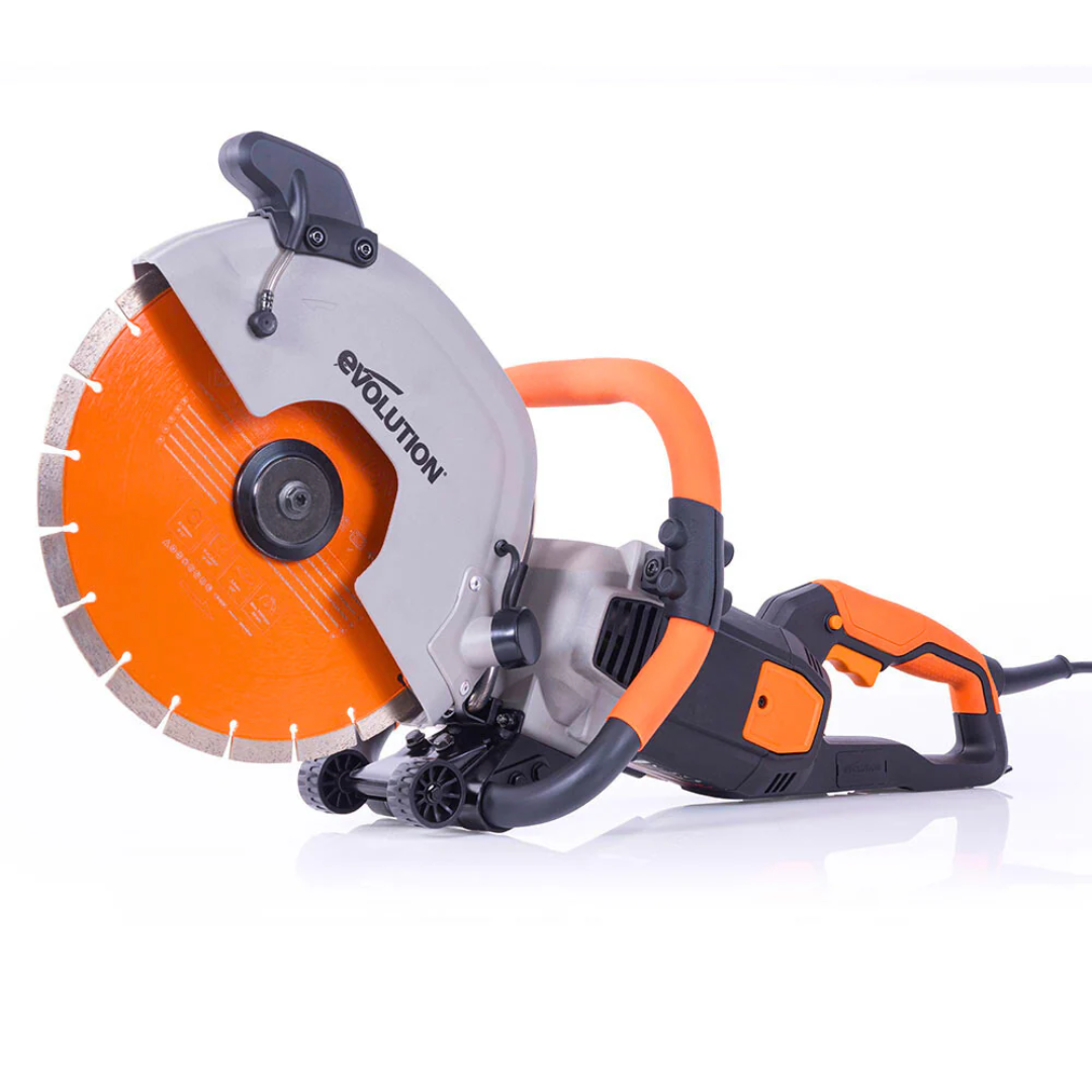 Evolution Power Tools 12 in. Electric Concrete Water Fed Dust Suppression R12DCT front view showcasing the complete 12-inch electric concrete cut-off saw with ergonomic handle and water-fed dust suppression system.