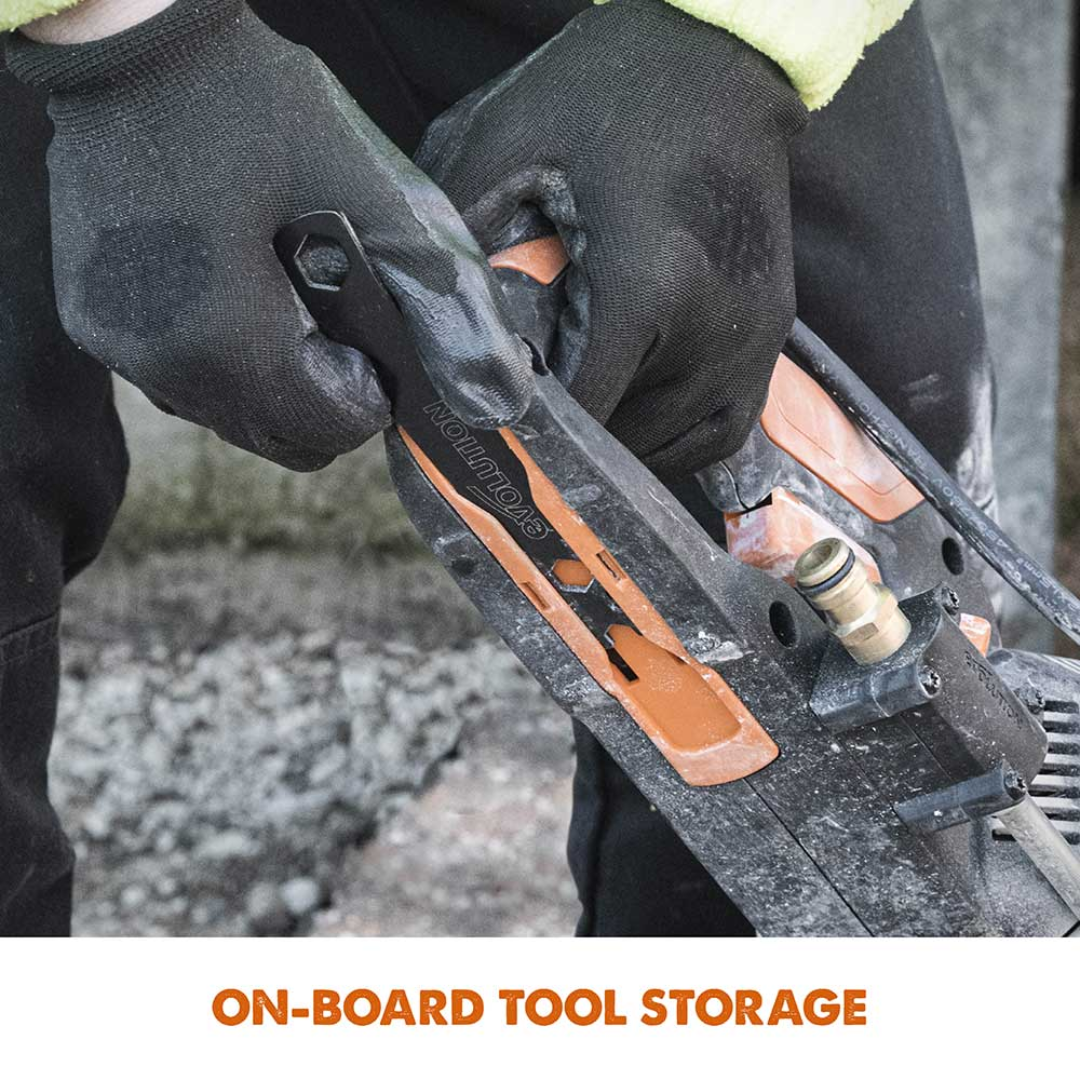 Evolution Power Tools 12 in. Electric Concrete Water Fed Dust Suppression R12DCT highlighting convenient onboard tool storage for quick blade changes and routine maintenance.