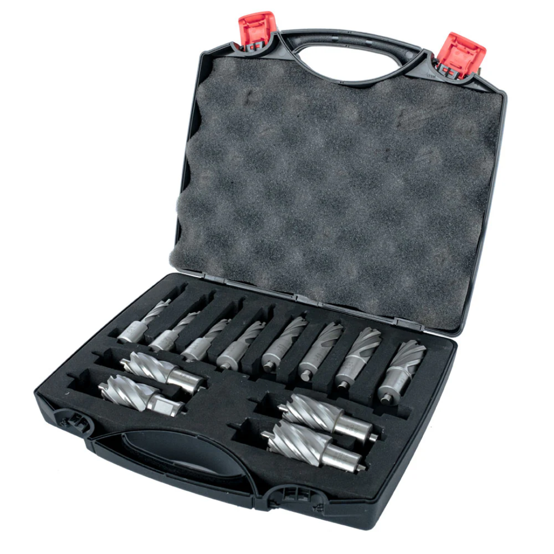 Evolution Power Tools 12pc 1 in. Depth Annular HSS Mag Drill Cutter Set CC12SET-1 in a durable protective carry case with twelve high-speed steel annular cutters and accessories organized for professional metal drilling.