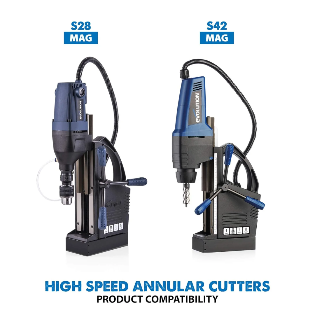 Evolution Power Tools 12pc 2 in. Depth Annular HSS Mag Drill Cutter Set CC12SET-2 compatible with high-speed annular cutters for professional metal drilling applications.