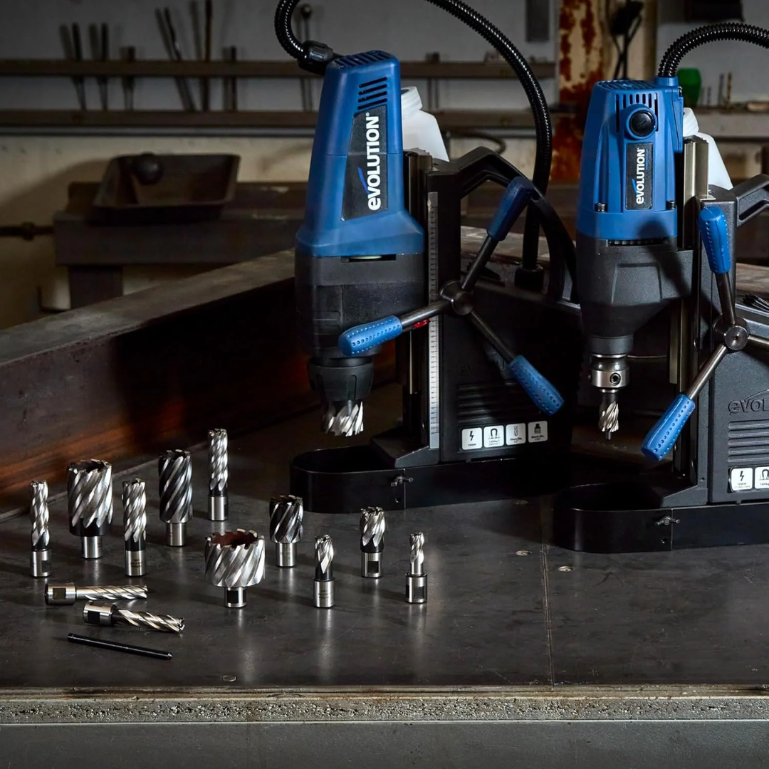 Evolution Power Tools 12pc 2 in. Depth Annular HSS Mag Drill Cutter Set CC12SET-2 creating precise holes in structural steel using a magnetic drill.