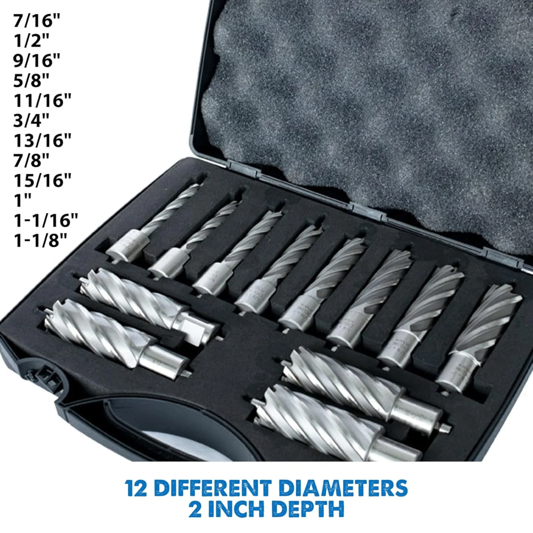 Evolution Power Tools 12pc 2 in. Depth Annular HSS Mag Drill Cutter Set CC12SET-2 featuring premium HSS annular cutters in multiple diameters for precise metal drilling.