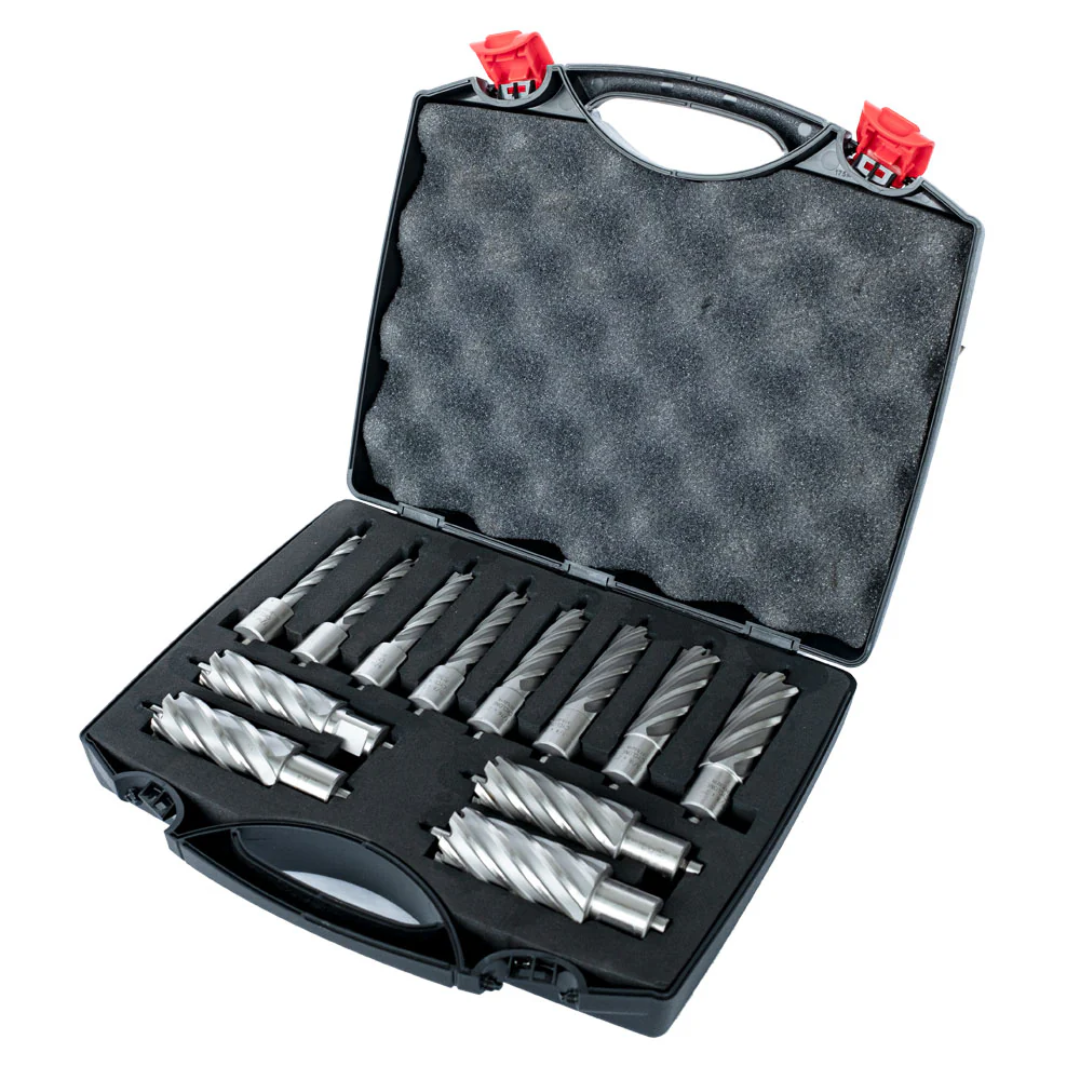 Evolution Power Tools 12pc 2 in. Depth Annular HSS Mag Drill Cutter Set CC12SET-2 in a durable protective carry case with multiple HSS annular cutters and accessories neatly organized.