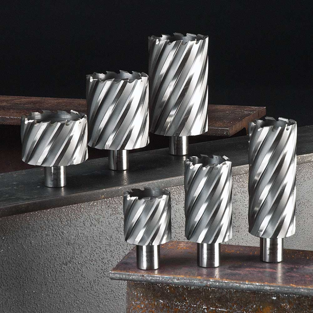 Evolution Power Tools 2-9/16 in. Width x 2 in. Depth Annular HSS Cutter CC256L displayed alongside additional HSS annular cutters for heavy-duty fabrication and industrial drilling.