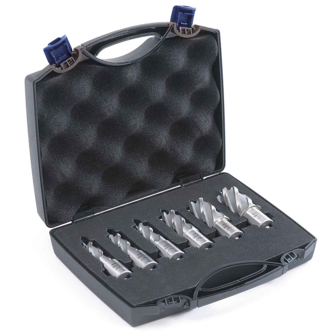 Evolution Power Tools 6pc 2 in. Depth Annular HSS Mag Drill Cutter Set A-CC6SET-2 in a durable protective carry case with six premium high-speed steel annular cutters neatly organized for professional magnetic drilling applications.