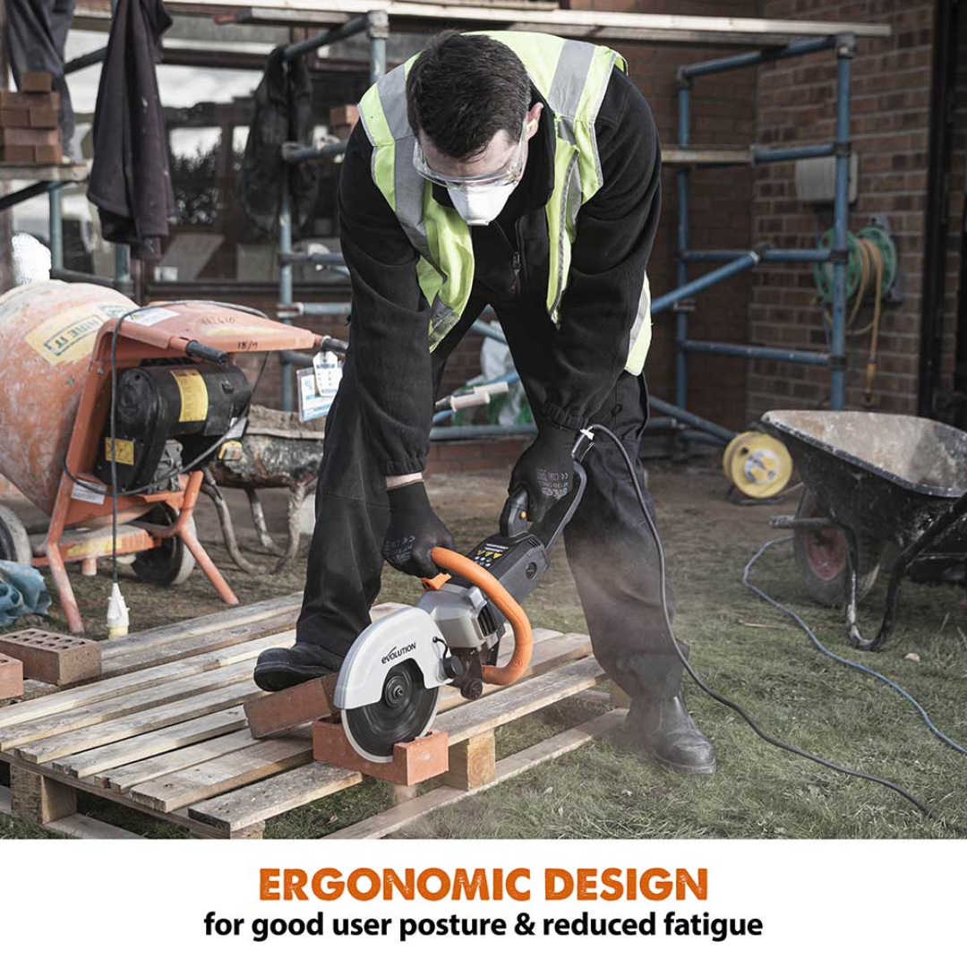 Evolution Power Tools 9 in. Electric Concrete Saw R230DCT demonstrating ergonomic handling for improved operator comfort and reduced fatigue during extended use.