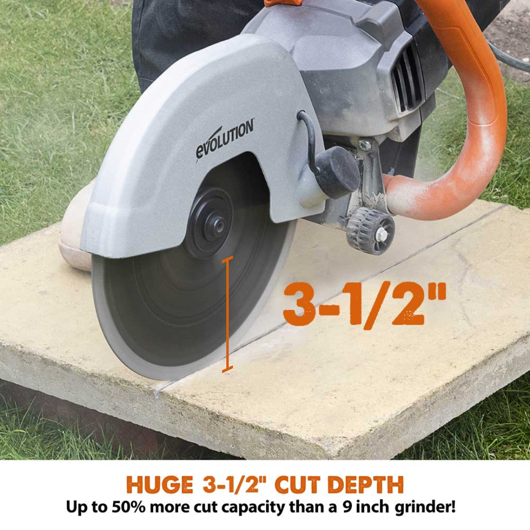 Evolution Power Tools 9 in. Electric Concrete Saw R230DCT highlighting the 3-1/2 inch maximum cutting depth for deep concrete and masonry applications.