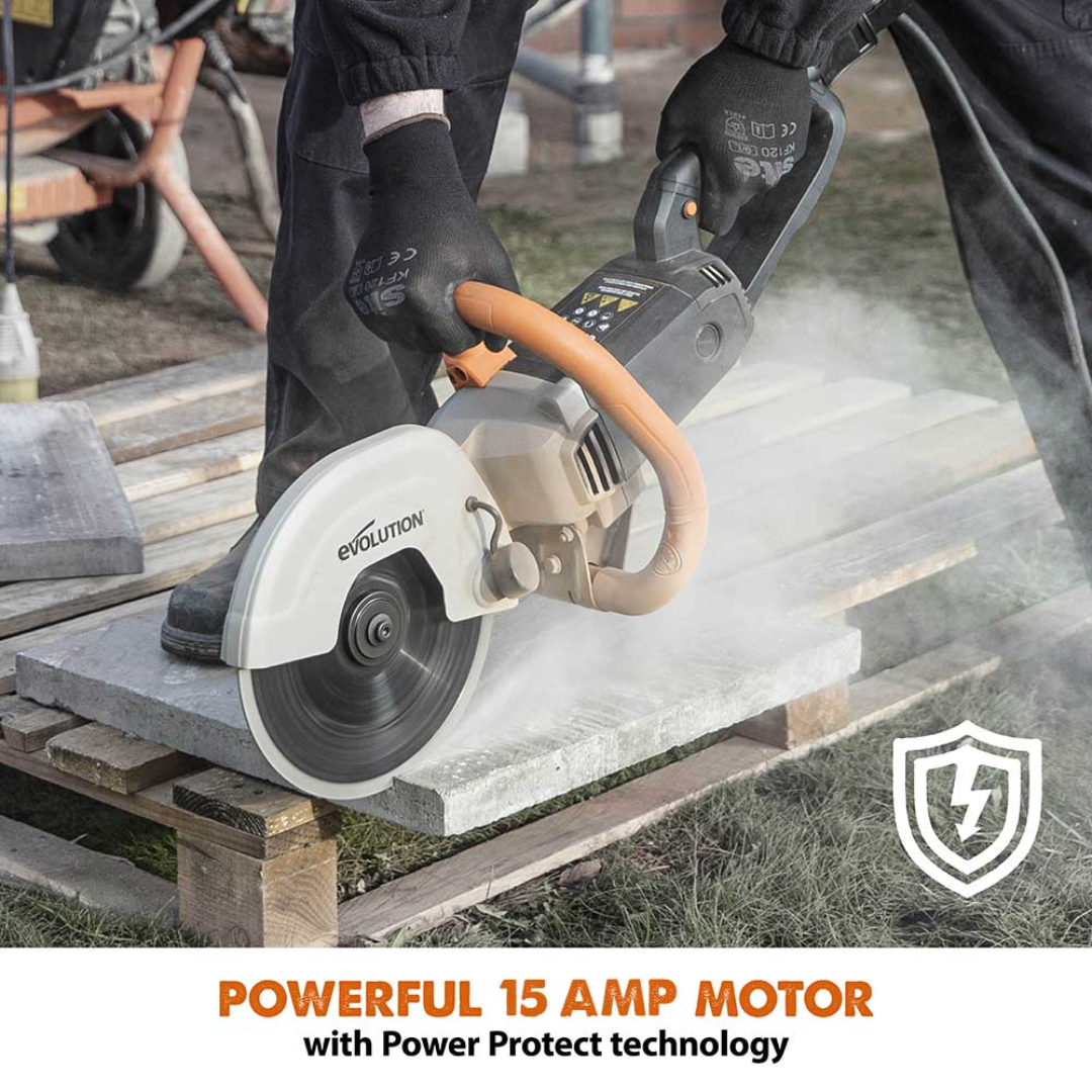 Evolution Power Tools 9 in. Electric Concrete Saw R230DCT powered by a high-torque 15 Amp electric motor engineered for demanding cutting applications.