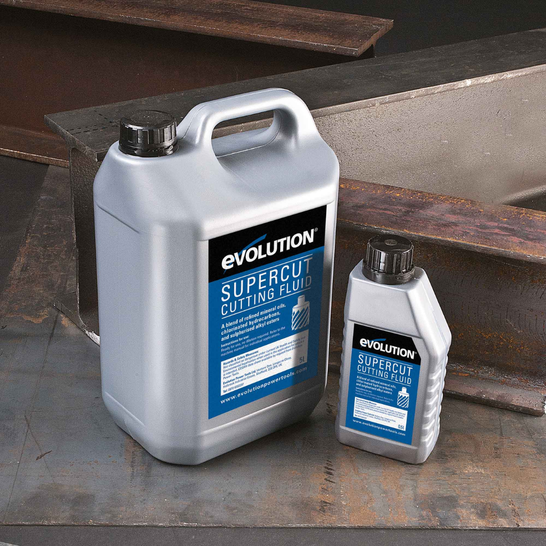 Evolution Power Tools Magnetic Drill Cutting Coolant COOL5GAL featuring a 5-gallon container of premium cutting fluid alongside a smaller bottle, formulated to improve lubrication, reduce heat, and extend tool life during magnetic drill and metal cutting applications.