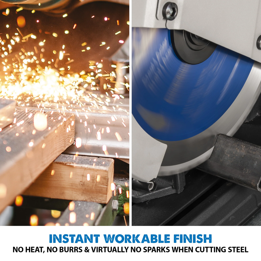 Evolution Power Tools Metal Cutting Chop Saw With 14 in. Mild Steel Blade S355CPSL accurately cutting round steel tubing while maintaining stable material support and clean cutting performance.