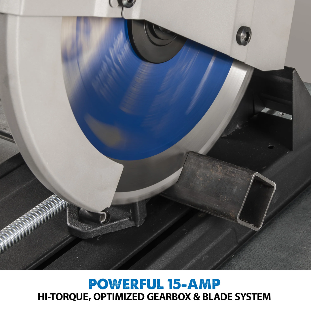 Evolution Power Tools Metal Cutting Chop Saw With 14 in. Mild Steel Blade S355CPSL close-up highlighting the heavy-duty motor housing and robust cutting arm engineered for industrial performance.