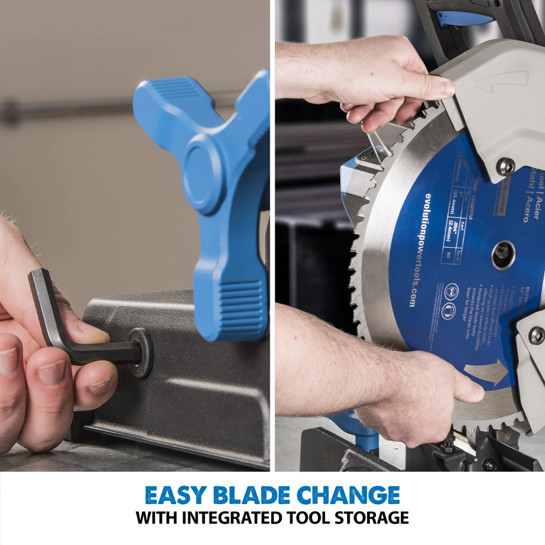 Evolution Power Tools Metal Cutting Chop Saw With 14 in. Mild Steel Blade S355CPSL close-up of the ergonomic horizontal trigger handle providing comfortable control during cutting operations.