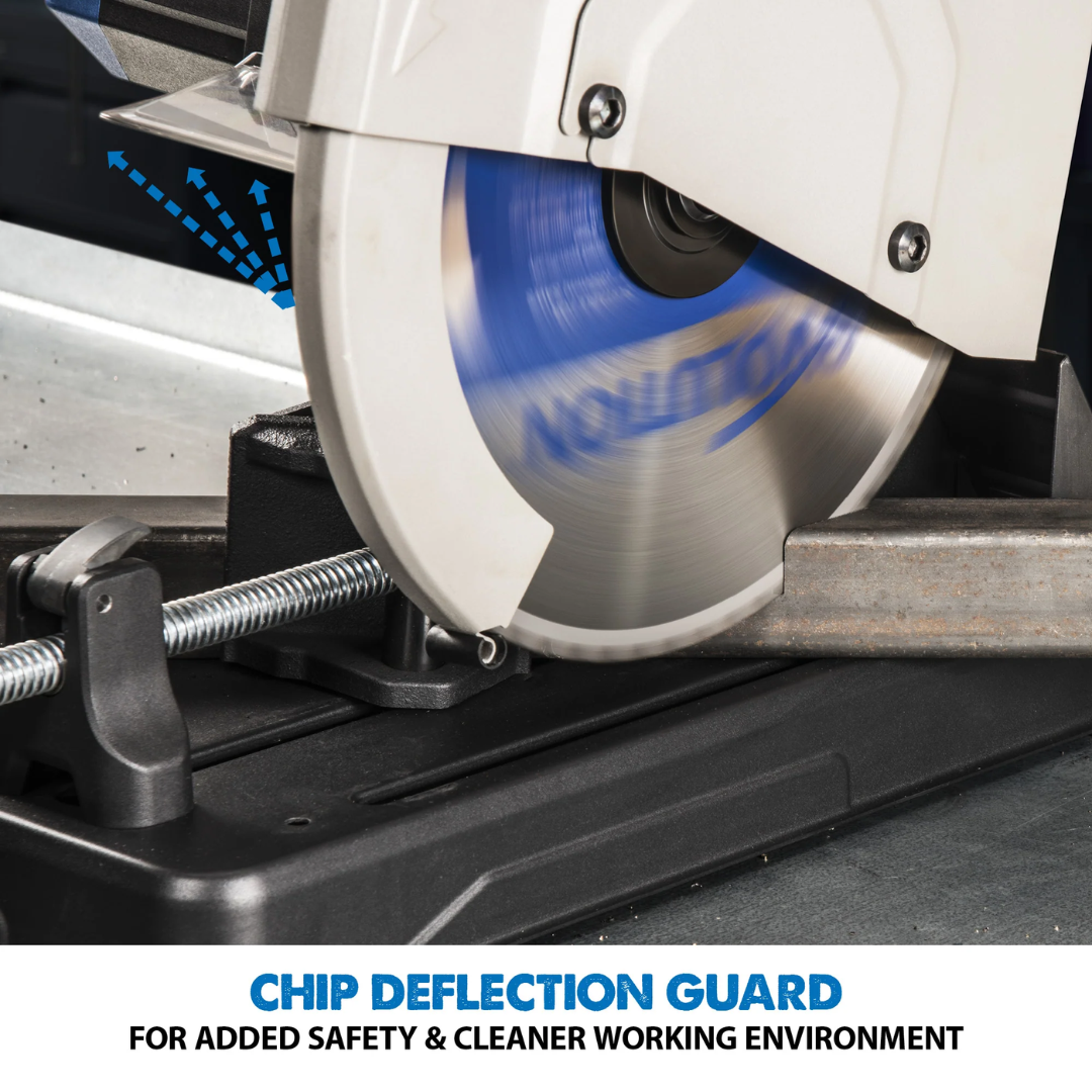 Evolution Power Tools Metal Cutting Chop Saw With 14 in. Mild Steel Blade S355CPSL close-up of the quick-position fence and adjustable vise, allowing fast angle changes for repeatable precision metal cuts.