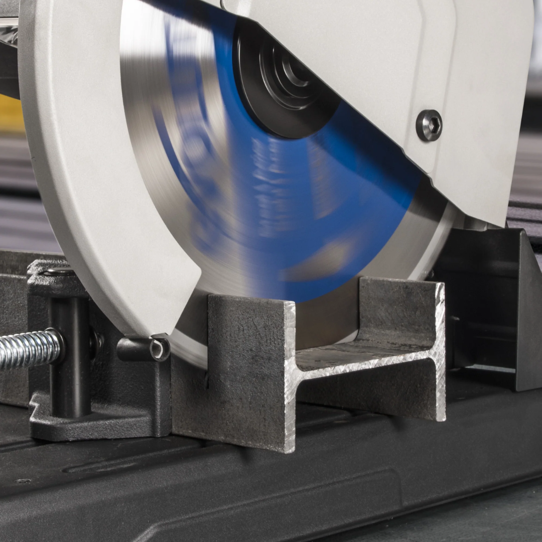 Evolution Power Tools Metal Cutting Chop Saw With 14 in. Mild Steel Blade S355CPSL close-up showing the 14-inch carbide-tipped blade cutting steel with minimal sparks and clean, burr-reduced results.