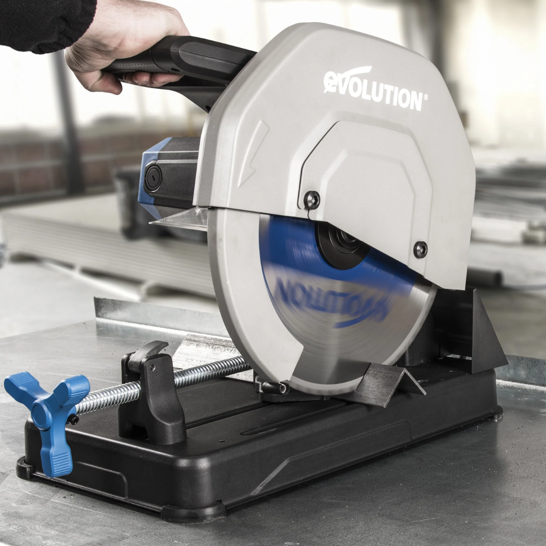 Evolution Power Tools Metal Cutting Chop Saw With 14 in. Mild Steel Blade S355CPSL cutting solid steel stock with high precision using the industrial-grade 14-inch mild steel blade.