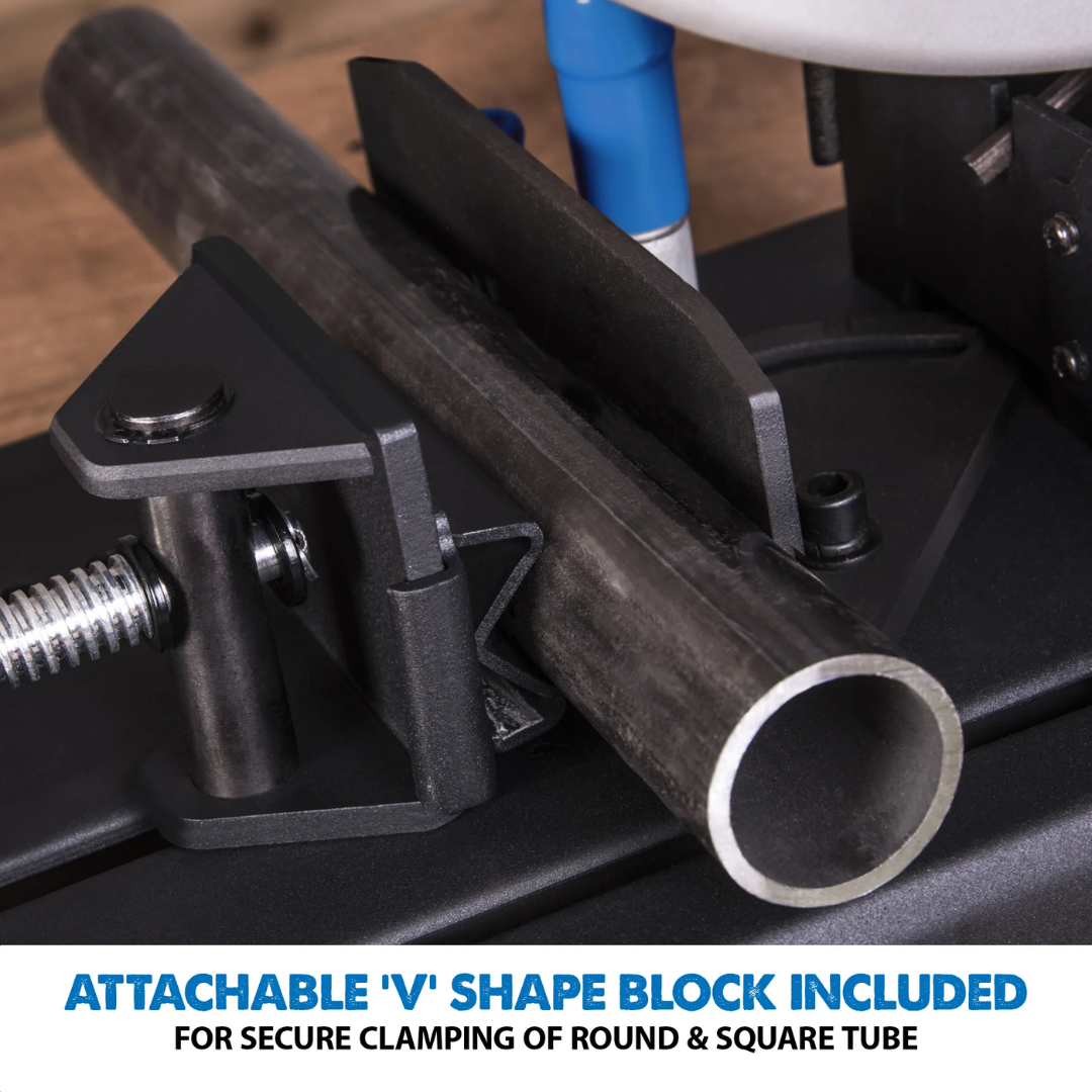 Evolution Power Tools Metal Cutting Chop Saw With 14 in. Mild Steel Blade S355CPSL cutting steel stock with the lower blade guard visible, demonstrating stable workpiece support and accurate cold-cutting performance.
