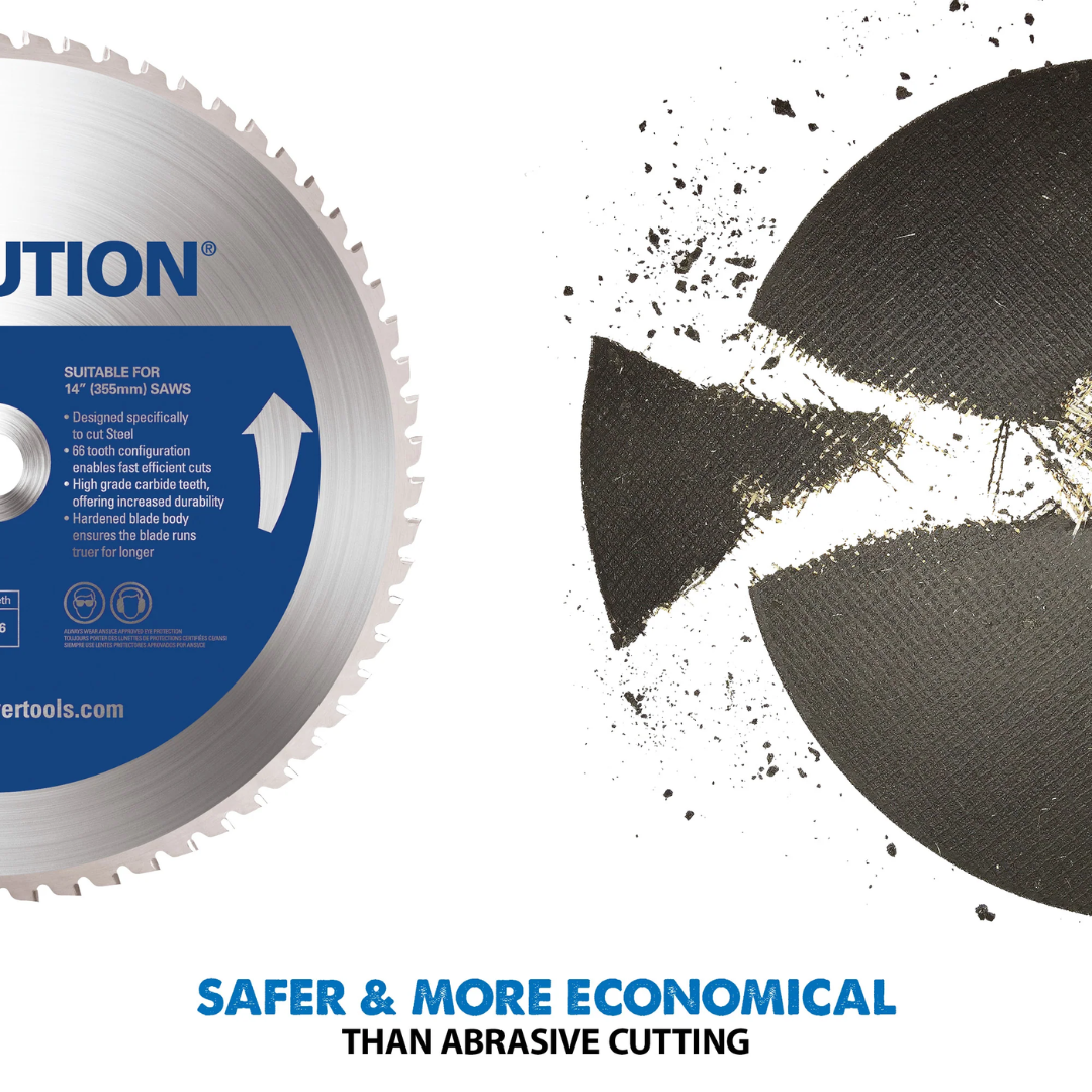 Evolution Power Tools Metal Cutting Chop Saw With 14 in. Mild Steel Blade S355CPSL cutting structural steel tubing with a carbide-tipped blade for fast, precise, and burr-reduced cuts.