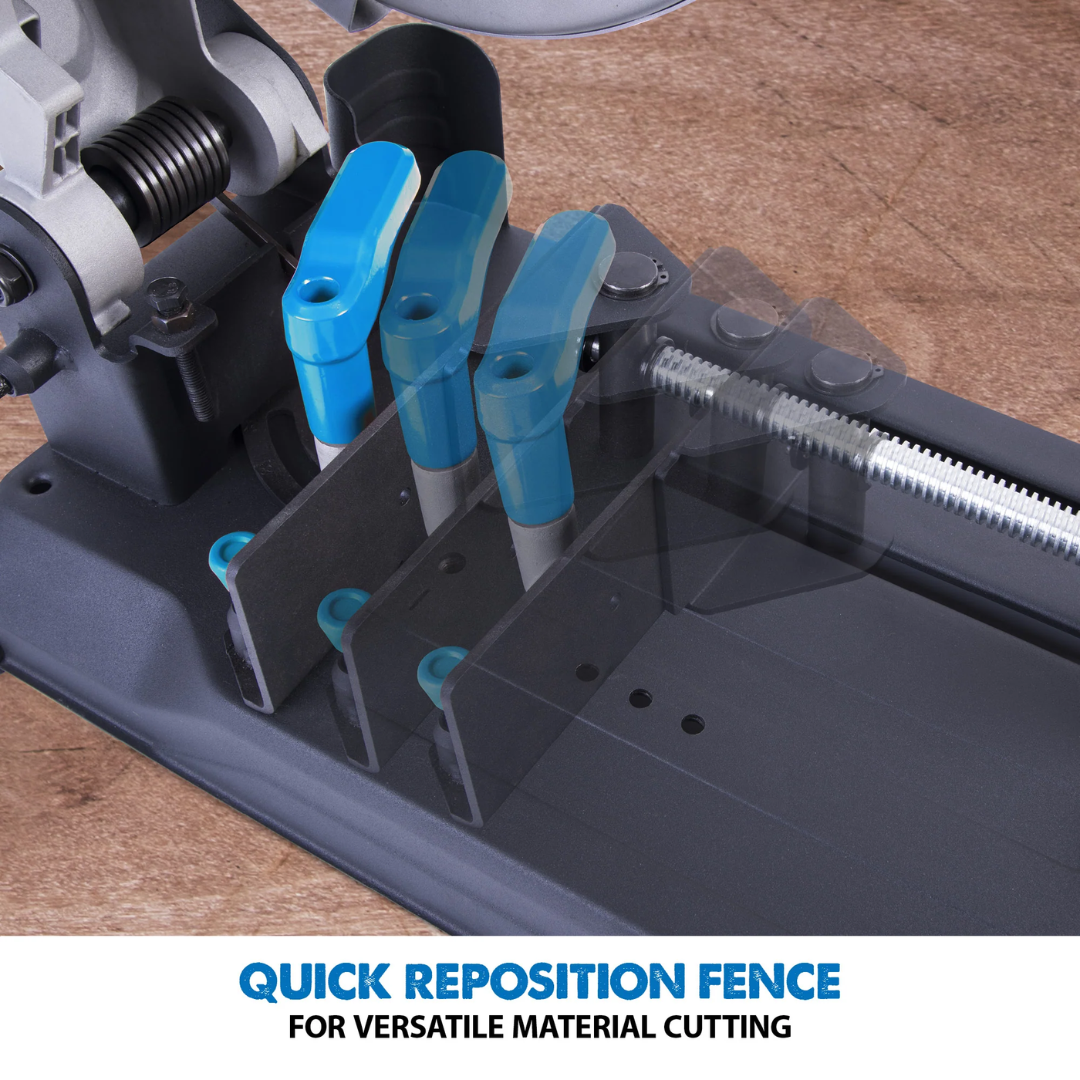 Evolution Power Tools Metal Cutting Chop Saw With 14 in. Mild Steel Blade S355CPSL displayed with the full range of Evolution metal cutting blades for mild steel, stainless steel, aluminum, and multi-material cutting applications.